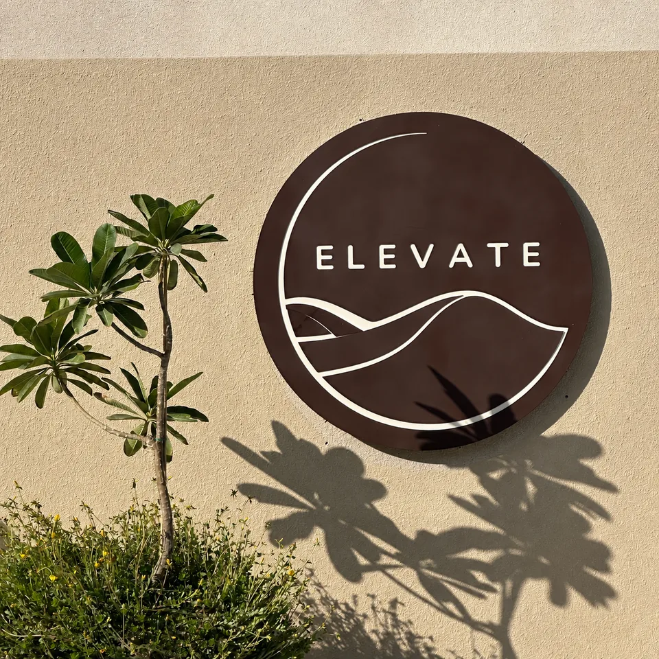 The circular Elevate sign on a sunlit rooftop wall beside green plants.